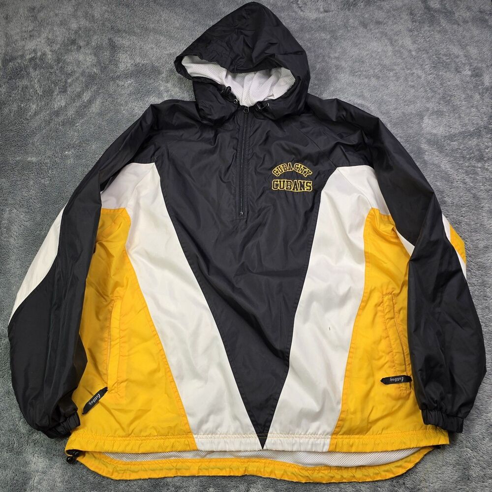 Mens Jacket Windbreaker Large Eastbay Black Yellow Zip Cuba City WI Vintage